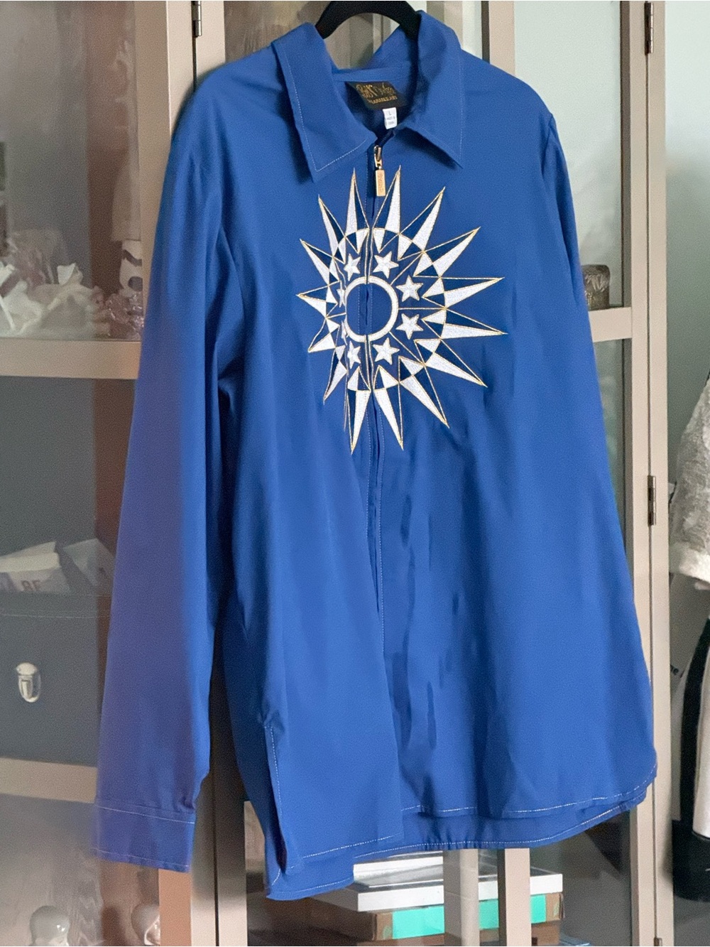 Bob Mackie Wearable Art  Celestial Sun Stars Zip Front Jacket Shirt Blue Size L